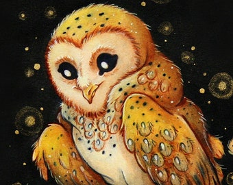 Open Edition Print: Witta the Barn Owl Painting- Barn Owl with Book -  Open Edition  Art Print by Heather R. Hitchman