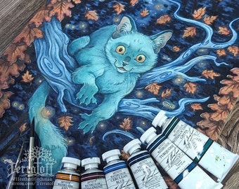 Original Painting: The Charming Cat - Watercolor, Gouache, Colored Pencil Halloween Cat Painting -Terratoff Art by Heather R. Hitchman