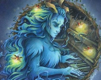 Open Edition Print: Blue Hair & the Piano Faun - Blue Faun Playing Piano - Open Edition Poster Art Print by Heather R. Hitchman