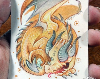 Original ACEO Painting: Yellow Rotten Armored -Watercolor & Gouache Dragon on Hot Press Watercolor -Terratoff Art by Heather R. Hitchman