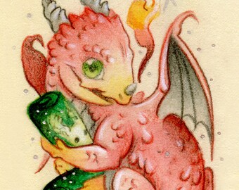 Giclee ACEO Print: Holiday Gets a Playmat- Limited Edition Dragon Print - Terratoff Art by Heather R. Hitchman