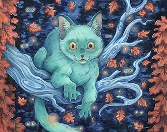 Open Edition Print: The Charming Cat Painting - Spooky Forest Cat - Open Edition Art Print by Heather R. Hitchman