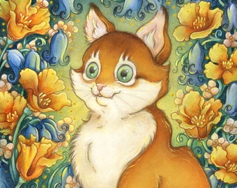 Open Edition Print: Calen the Cat - Orange Cat with Flowers-  Open Edition Art Print by Heather R. Hitchman