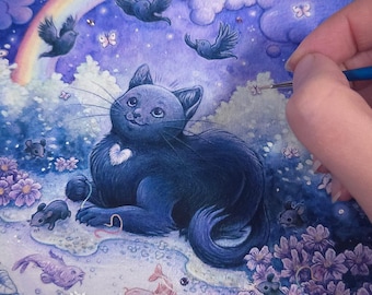 Giclee Black Cat Print: Meet Me At The Moonbow Bridge - Limited Edition -Crystal + Paint Embellished -Terratoff Art by Heather R. Hitchman