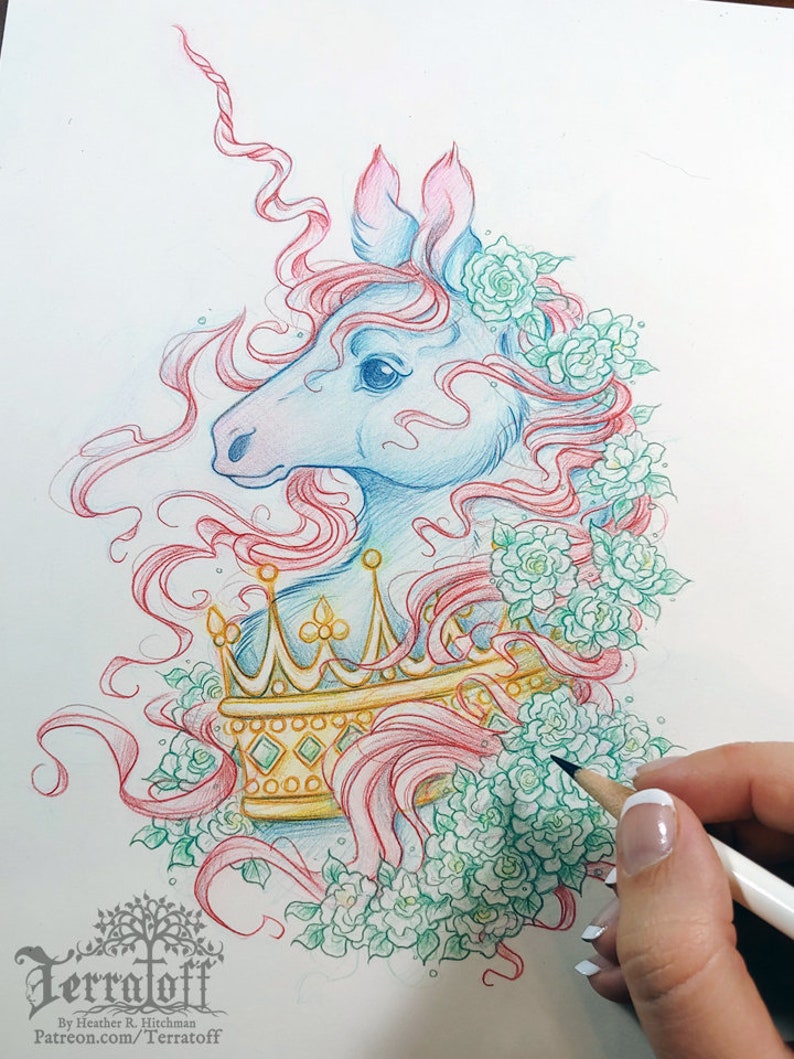 Giclee Unicorn Print: The Dark Unicorn Coronation Hitchman of Terratoff Limited Edition 5x7 Print Art by Heather R