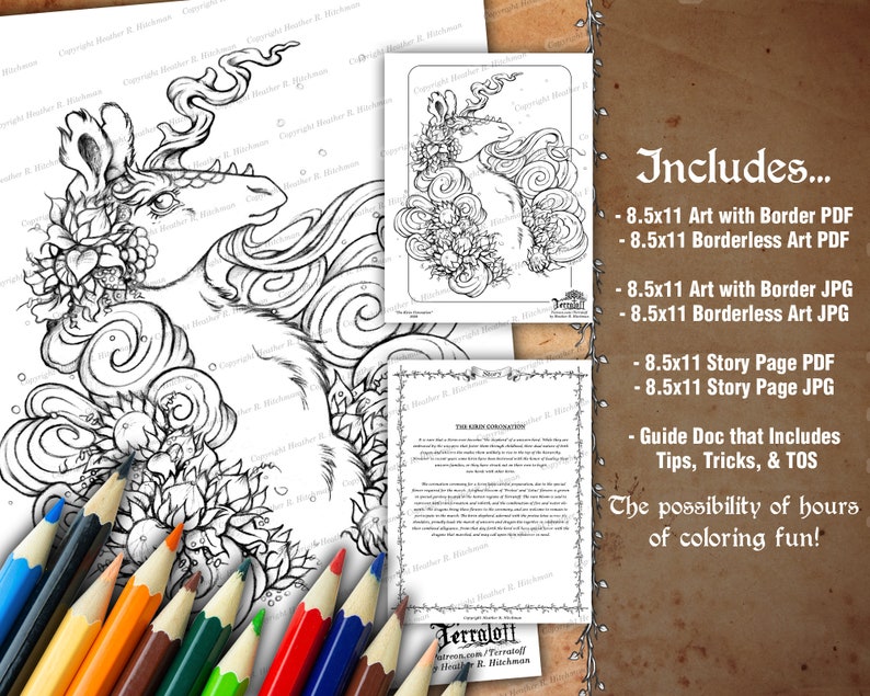 Kirin Coronation Coloring Page Download Kirin Quilin Bust Instant Download Printable Coloring Page JPEG & PDF by Heather R Hitchman image 2