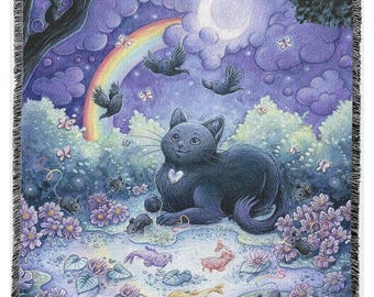 Cotton Woven Tapestry Black Cat Throw Blanket - Meet Me at the Moonbow Bridge 72x54