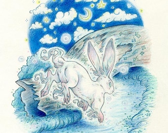 Original Hare Drawing: The Orb Hare - Graphite and Colored Pencil Rabbit Artwork, Terratoff Art by Heather R. Hitchman