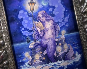 Original Painting: The Librarian - Watercolor, Gouache, Colored Pencil, Purple Mermaid Painting -Terratoff Art by Heather R. Hitchman
