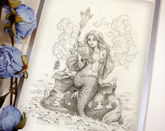 Giclee Librarian Mermaid Print: The Librarian - Limited Edition 5x7 Print - Art by Heather R. Hitchman of Terratoff