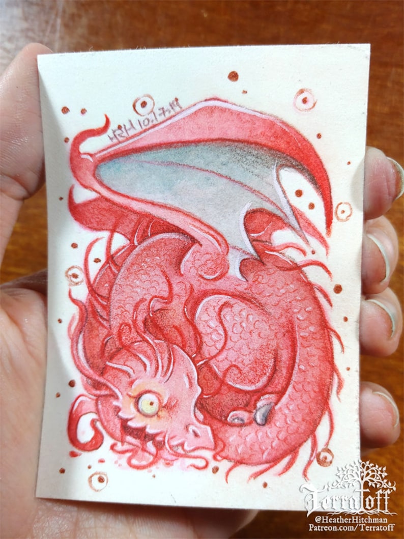 sleeping dragon Original ACEO Wee Red Rotten Wyvern Dragon Mixed Media Painting baby dragon dragon painting hitchman by heather R