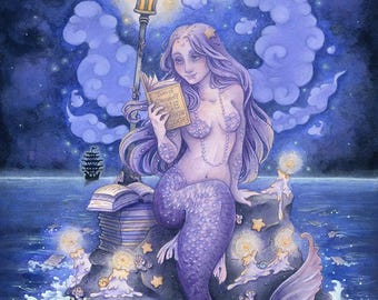 Impresión de edición abierta: La bibliotecaria - Impresión de sirena púrpura leyendo - Impresión artística de edición abierta de Heather R. Hitchman