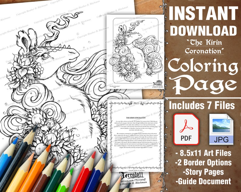 Kirin Coronation Coloring Page Download Kirin Quilin Bust Instant Download Printable Coloring Page JPEG & PDF by Heather R Hitchman image 1