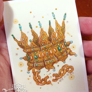 Dipinto ACEO originale: Corona di rame - Corona ad acquerello e guazzo su acquerello pressato a caldo - Terratoff Art di Heather R. Hitchman