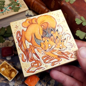 Original 3x3 Painting: &quot;Rotten Kitsune&quot; -Watercolor & Charcoal Fox Mounted Hot Press Watercolor -Terratoff Art by Heather R. Hitchman