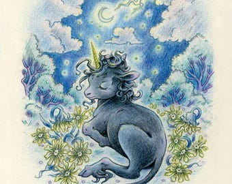 Original Black Unicorn Drawing: Born in Darkness - Graphite and Colored Pencil Unicorn Drawing, Terratoff Art by Heather R. Hitchman