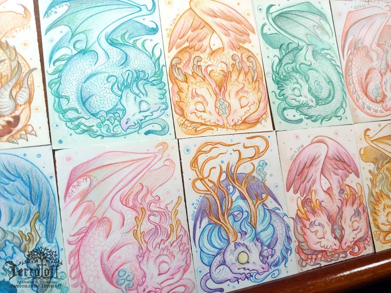 sleeping dragon Original ACEO Wee Red Rotten Wyvern Dragon Mixed Media Painting baby dragon dragon painting hitchman by heather R