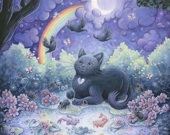 Open Edition Print: Meet Me At The Moonbow Bridge - Black Cat Heaven Art - Open Edition Art Print by Heather R. Hitchman