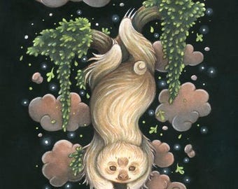 Open Edition Print: The Hanged Sloth - Tarot Art - Open Edition Art Print by Heather R. Hitchman