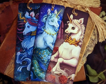 Unicorn Trio 2x6 inch Heavy Cardstock Bookmark & Tassel Bundle | Glossy Full Color Double Sided | Rounded Corner | By Heather R. Hitchman