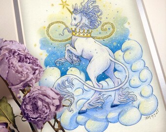 Giclee Unicorn Print: Nights of Yule Unicorn - Limited Edition 5x7 Print - Art by Heather R. Hitchman of Terratoff