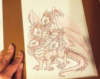 Original Drawing: The Feathered Hydra Baby - Colored Pencil Graphite Dragon Drawing on Moleskine, Terratoff Art by Heather R. Hitchman