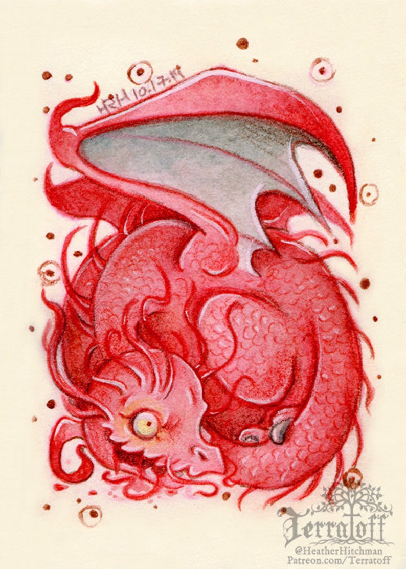 sleeping dragon Original ACEO Wee Red Rotten Wyvern Dragon Mixed Media Painting baby dragon dragon painting hitchman by heather R