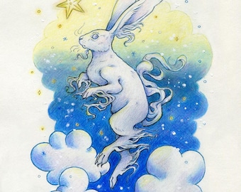 Original Hare Rabbit Drawing: The Yule Hare - Graphite and Colored Pencil Hare Drawing, Terratoff Art by Heather R. Hitchman