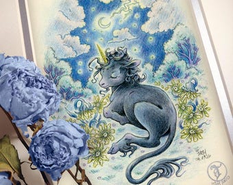 Giclee Unicorn Print: Born in Darkness - Limited Edition 5x7 Print - Art by Heather R. Hitchman of Terratoff
