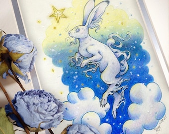Giclee Hare Rabbit Bunny Print: Nights of Yule Hare - Limited Edition 5x7 Print - Art by Heather R. Hitchman of Terratoff
