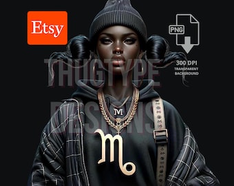Schwarz Hip Hop Skorpion Mädchen Sternzeichen Design - PNG-Datei Horoskop T-Shirt Digitales Design, Astrologie Sublimation DTG Clipart Sofort-Download