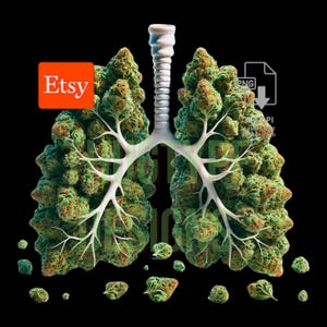 Puede incluir: Ilustración artística de pulmones formados por cogollos de cannabis verdes y naranjas, con una tráquea y bronquiolos blancos. La imagen está sobre un fondo negro, con el logo de Etsy en la esquina superior izquierda.