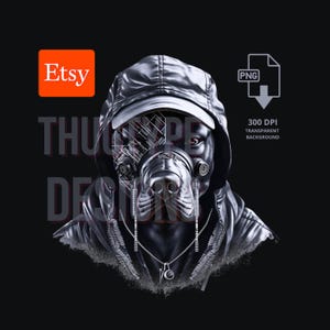 May include: A digital illustration of a dog wearing a black leather jacket and a gas mask. The dog's eyes are glowing red. The image is in a cyberpunk style.