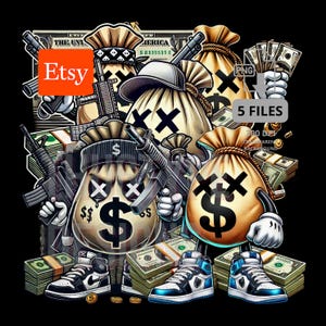 Pacchetto di 5 file PNG con borsa portasoldi e rapinatore armato, file di taglio con simbolo del dollaro USA, file di taglio con gangster, clipart di gangster, teppista, borsa portarapinatore