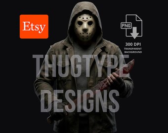 Masked Machete Killer Halloween PNG, Hooded Slasher Horror Design, Sublimation Shirt Digital Download, Spooky Season, 300 DPI