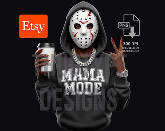Mama Mode PNG, Hockey Mask Gangsta Halloween Coffee Mom Design, Sublimation Clipart Digital Download, 300 DPI