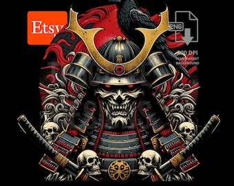 Horror Samurai Warrior Skull T-shirt Design, Japanese Design, T-Shirt POD Design, Sublimation, PNG  Digital Download, Commercial Use