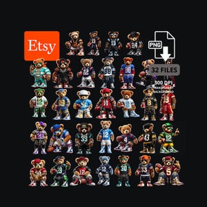 Football Teddy Bears Mega Bundle 32 PNGs | Digital Download Files | Gangsta Football Bear Clipart  | Football| Ideal for T-Shirts & Hoodies