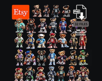 Football Teddy Bears Mega Bundle 32 PNGs | Digital Download Files | Gangsta Football Bear Clipart  | Football| Ideal for T-Shirts & Hoodies