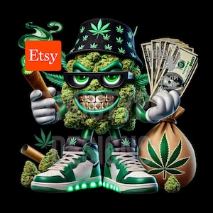 Op de afbeelding: Een cartoonfiguur gemaakt van groene cannabis toppen, met een zonnebril en een vissershoed met cannabisbladpatronen. Het personage houdt een aangestoken sigaar en geld vast, met een geldbuidel en groen-witte sneakers. Het Etsy-logo is zichtbaar.