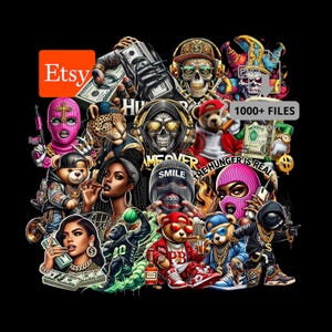May include: A digital art collage with a hip-hop theme, featuring skulls, teddy bears, and figures in ski masks. The image includes money and the text "1000+ FILES". The Etsy logo is in the upper left corner.