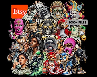May include: A digital art collage featuring various characters with a hip-hop theme. The image includes skulls, teddy bears, and people wearing ski masks, money, and the text "1000+ FILES". The Etsy logo is in the upper left corner.