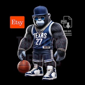 May include: An illustration of a gorilla wearing a blue basketball jersey with "TEXAS 27" on it, a cap, sunglasses, and jewelry. The gorilla is holding a basketball and wearing blue and white sneakers. The Etsy logo is in the upper left corner.