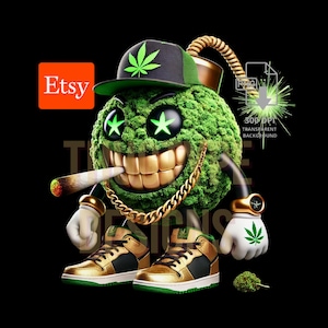 Op de afbeelding: Een cartoon illustratie van een groene, bomvormige karakter met een cannabisblad op zijn hoed en een gouden ketting. Het karakter rookt een joint en draagt gouden en zwarte sneakers. Het Etsy logo staat linksboven.