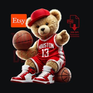 May include: A brown teddy bear wearing a red basketball jersey with the number 13 and the word "HOUSTON" on the front. The bear is holding a basketball in one hand and sitting on another basketball. The bear is wearing a red baseball cap and red and white trainers.