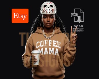 Coffee Mama PNG, Hockey Mask Gangsta Halloween Coffee Mom Design, Sublimation Clipart Digital Download, 300 DPI