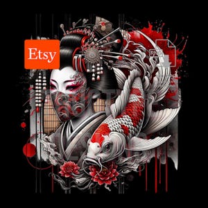 Peut inclure: Impression numérique représentant une geisha et une carpe koï. La geisha porte un masque décoratif et des ornements capillaires élaborés. L'œuvre utilise du rouge, du blanc et du noir, avec des éléments floraux et aquatiques. Le logo Etsy est en haut à gauche.
