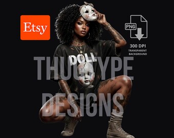 Cracked Doll Mask Halloween Woman PNG, Crouching Gangsta Horror Streetwear Design, Sublimation Shirt Digital Download, 300 DPI