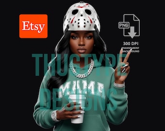 Mama PNG, Teal Hoodie Hockey Mask Gangsta Halloween Coffee Mom Design, Sublimation Clipart Digital Download, 300 DPI