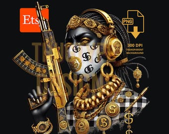 Armed Urban Gangsta Schwarzes Mädchen T-Shirt Design, Hustle Geld Themed Streetwear Digitaler Download PNG Design, Digitale Grafikästhetik Kunst
